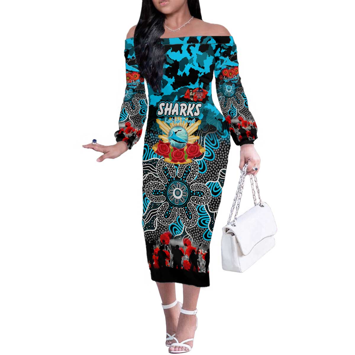 Personalized Sharks ANZAC Day Family Matching Off The Shoulder Long Sleeve Dress and Hawaiian Shirt Australian Army - Lest We Forget