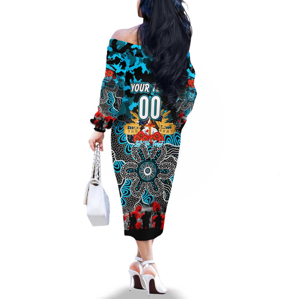 Personalized Sharks ANZAC Day Family Matching Off The Shoulder Long Sleeve Dress and Hawaiian Shirt Australian Army - Lest We Forget