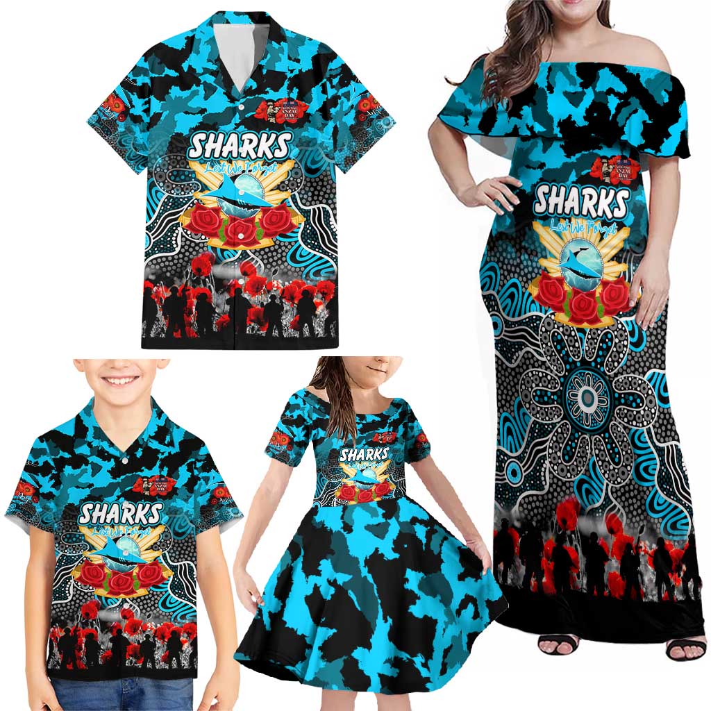 Personalized Sharks ANZAC Day Family Matching Off Shoulder Maxi Dress and Hawaiian Shirt Australian Army - Lest We Forget