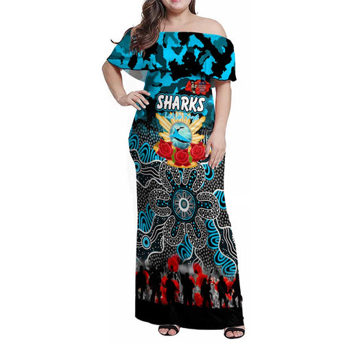 Personalized Sharks ANZAC Day Family Matching Off Shoulder Maxi Dress and Hawaiian Shirt Australian Army - Lest We Forget