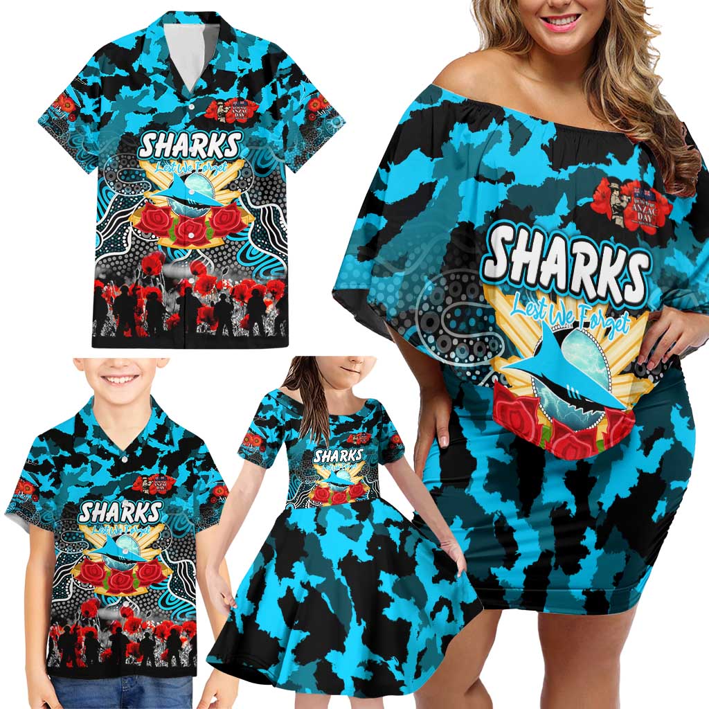Personalized Sharks ANZAC Day Family Matching Off Shoulder Short Dress and Hawaiian Shirt Australian Army - Lest We Forget