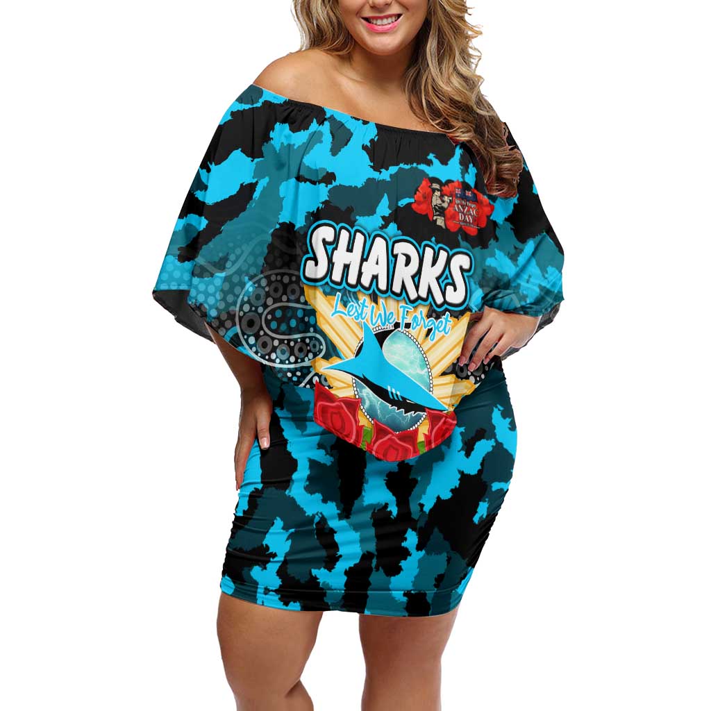 Personalized Sharks ANZAC Day Family Matching Off Shoulder Short Dress and Hawaiian Shirt Australian Army - Lest We Forget