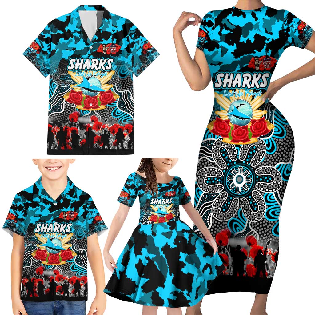 Personalized Sharks ANZAC Day Family Matching Short Sleeve Bodycon Dress and Hawaiian Shirt Australian Army - Lest We Forget