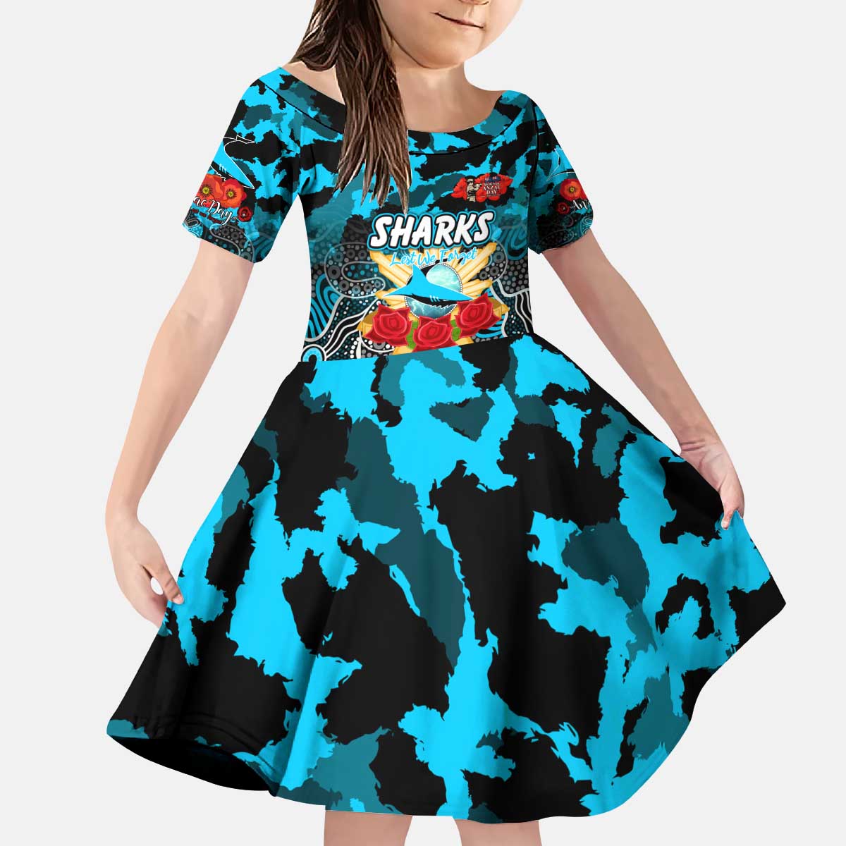 Personalized Sharks ANZAC Day Kid Short Sleeve Dress Australian Army - Lest We Forget