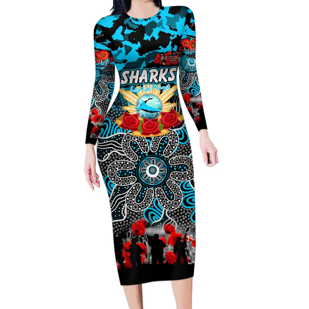 Personalized Sharks ANZAC Day Long Sleeve Bodycon Dress Australian Army - Lest We Forget