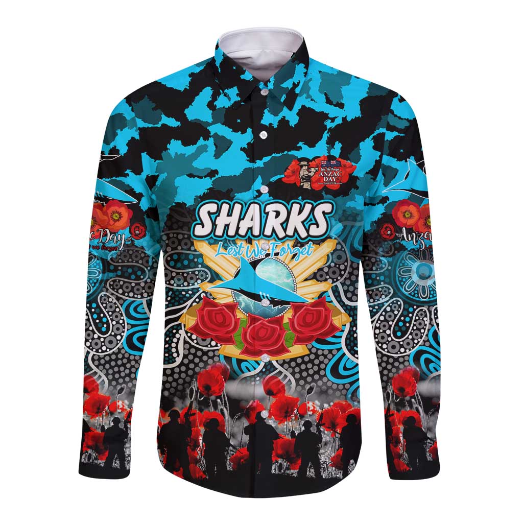 Personalized Sharks ANZAC Day Long Sleeve Button Shirt Australian Army - Lest We Forget