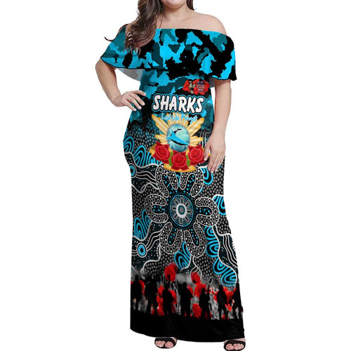 Personalized Sharks ANZAC Day Off Shoulder Maxi Dress Australian Army - Lest We Forget