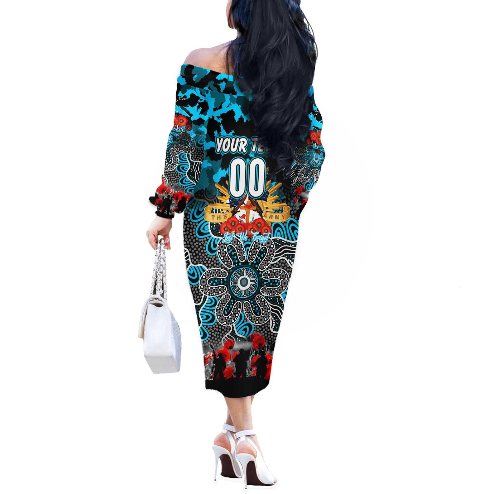 Personalized Sharks ANZAC Day Off The Shoulder Long Sleeve Dress Australian Army - Lest We Forget