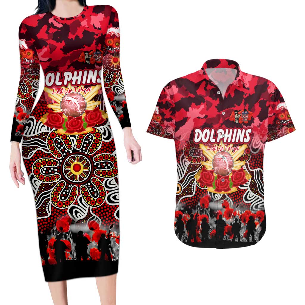 Personalized Dolphins ANZAC Day Couples Matching Long Sleeve Bodycon Dress and Hawaiian Shirt Australian Army - Lest We Forget
