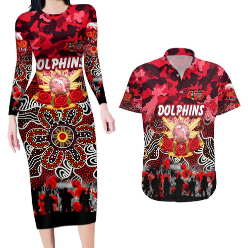 Personalized Dolphins ANZAC Day Couples Matching Long Sleeve Bodycon Dress and Hawaiian Shirt Australian Army - Lest We Forget