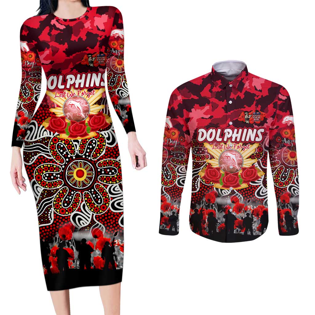 Personalized Dolphins ANZAC Day Couples Matching Long Sleeve Bodycon Dress and Long Sleeve Button Shirt Australian Army - Lest We Forget