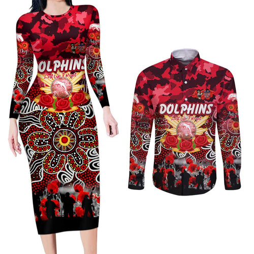 Personalized Dolphins ANZAC Day Couples Matching Long Sleeve Bodycon Dress and Long Sleeve Button Shirt Australian Army - Lest We Forget