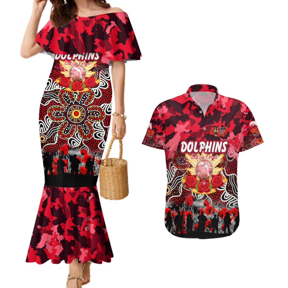 Personalized Dolphins ANZAC Day Couples Matching Mermaid Dress and Hawaiian Shirt Australian Army - Lest We Forget