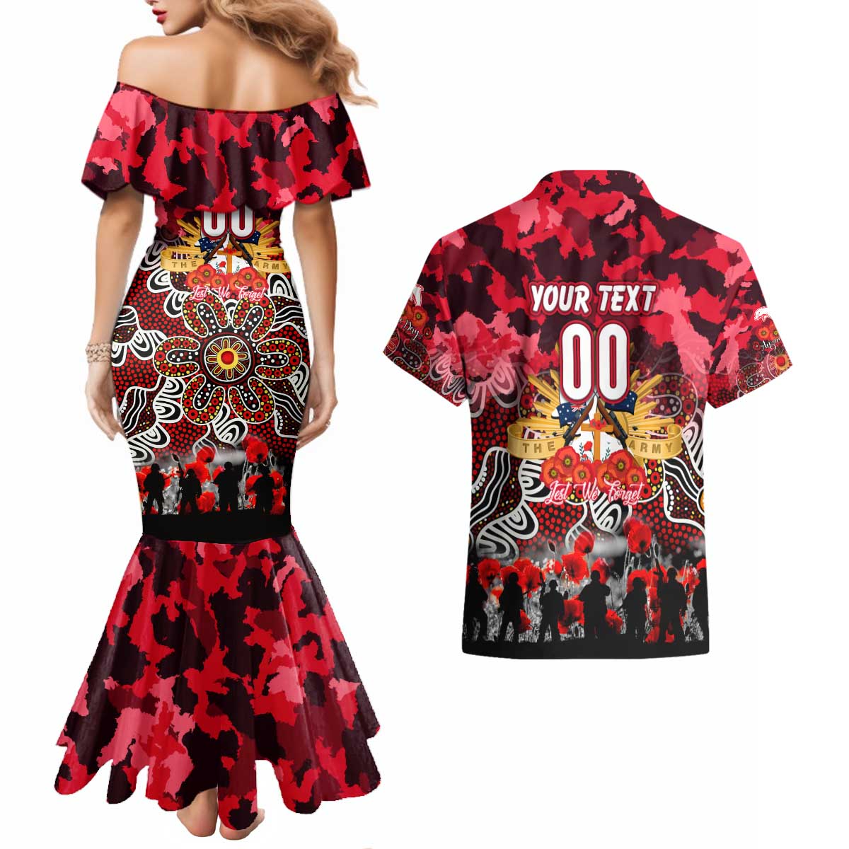 Personalized Dolphins ANZAC Day Couples Matching Mermaid Dress and Hawaiian Shirt Australian Army - Lest We Forget