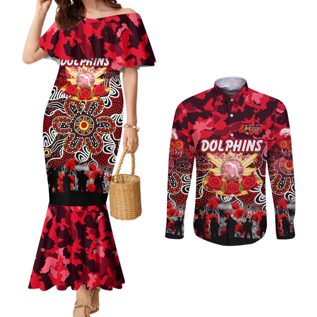 Personalized Dolphins ANZAC Day Couples Matching Mermaid Dress and Long Sleeve Button Shirt Australian Army - Lest We Forget