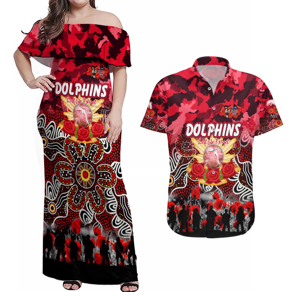 Personalized Dolphins ANZAC Day Couples Matching Off Shoulder Maxi Dress and Hawaiian Shirt Australian Army - Lest We Forget