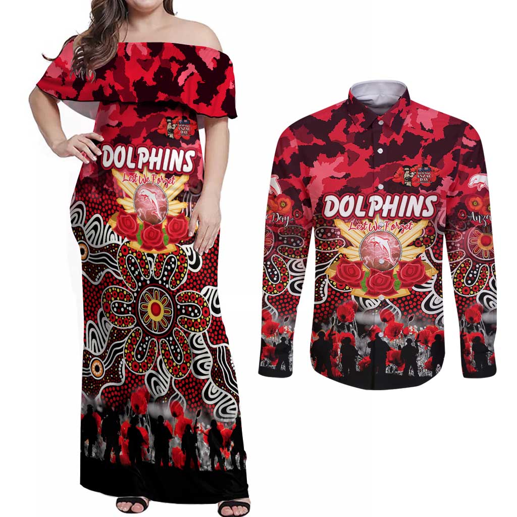 Personalized Dolphins ANZAC Day Couples Matching Off Shoulder Maxi Dress and Long Sleeve Button Shirt Australian Army - Lest We Forget