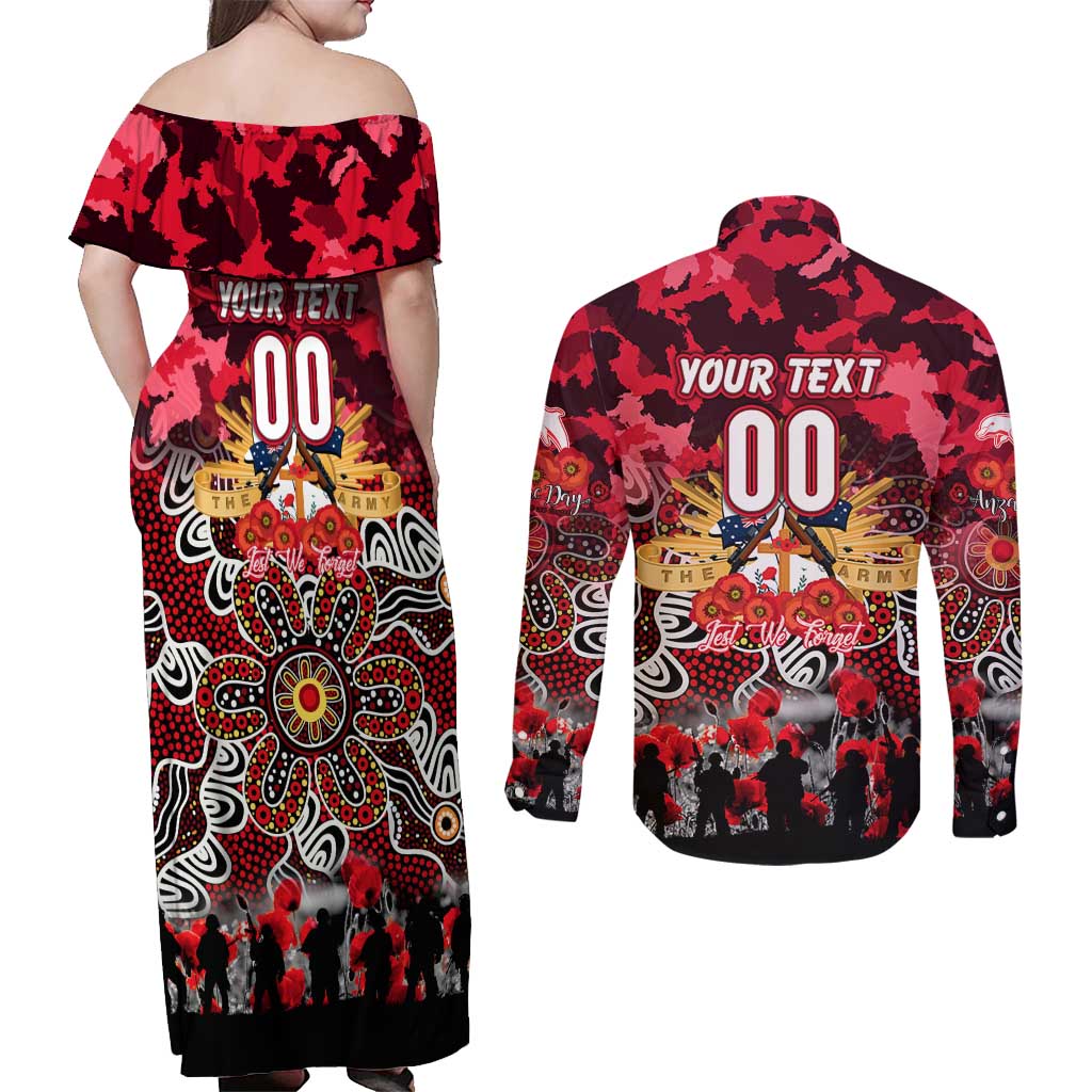 Personalized Dolphins ANZAC Day Couples Matching Off Shoulder Maxi Dress and Long Sleeve Button Shirt Australian Army - Lest We Forget