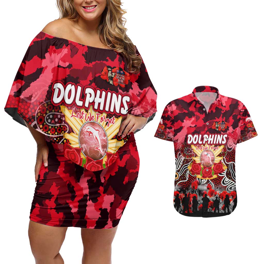 Personalized Dolphins ANZAC Day Couples Matching Off Shoulder Short Dress and Hawaiian Shirt Australian Army - Lest We Forget