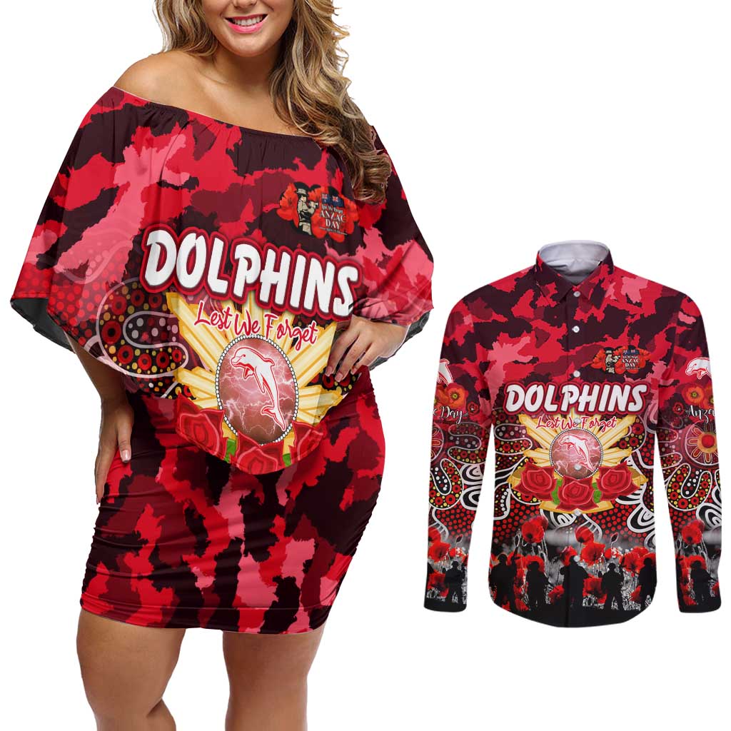 Personalized Dolphins ANZAC Day Couples Matching Off Shoulder Short Dress and Long Sleeve Button Shirt Australian Army - Lest We Forget