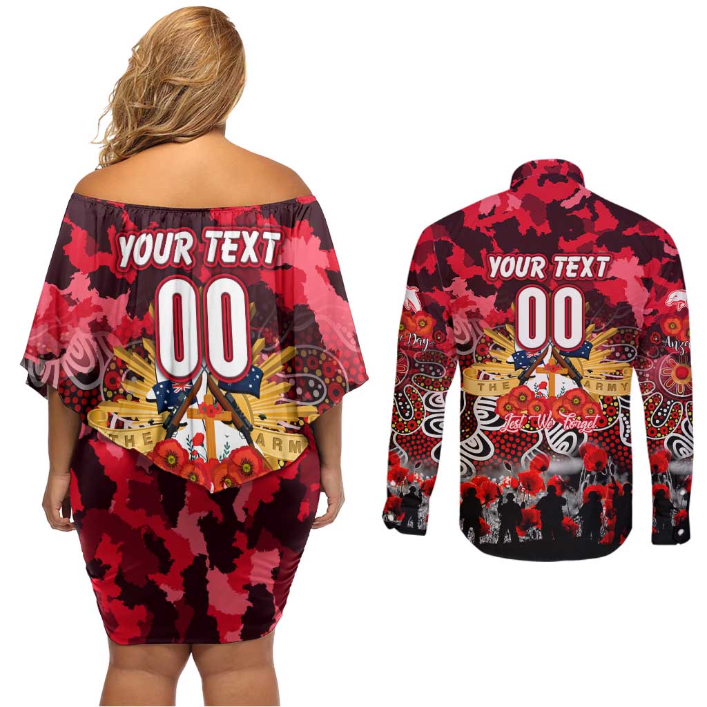 Personalized Dolphins ANZAC Day Couples Matching Off Shoulder Short Dress and Long Sleeve Button Shirt Australian Army - Lest We Forget