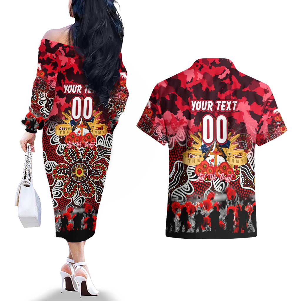 Personalized Dolphins ANZAC Day Couples Matching Off The Shoulder Long Sleeve Dress and Hawaiian Shirt Australian Army - Lest We Forget