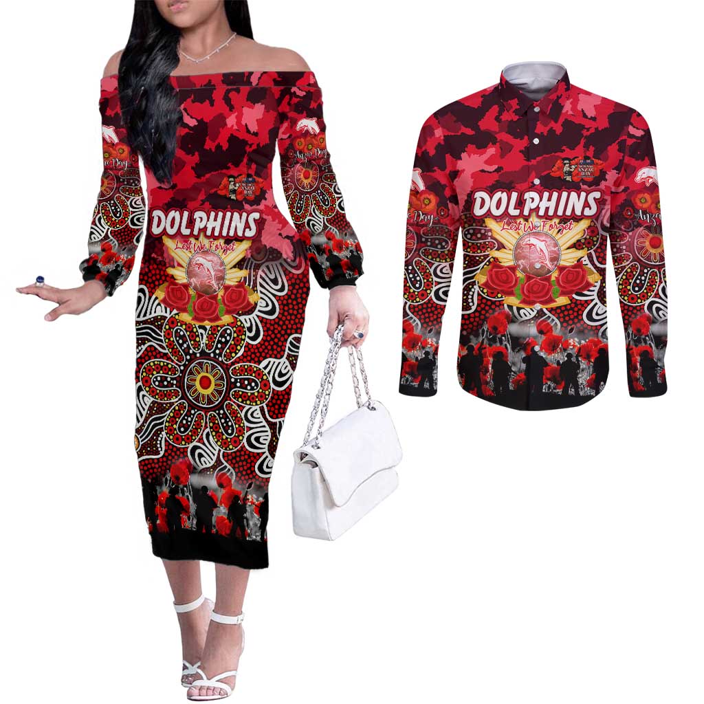 Personalized Dolphins ANZAC Day Couples Matching Off The Shoulder Long Sleeve Dress and Long Sleeve Button Shirt Australian Army - Lest We Forget