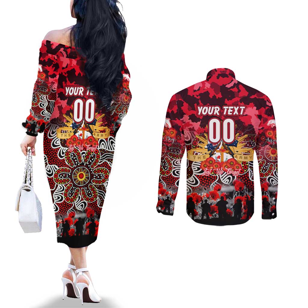 Personalized Dolphins ANZAC Day Couples Matching Off The Shoulder Long Sleeve Dress and Long Sleeve Button Shirt Australian Army - Lest We Forget