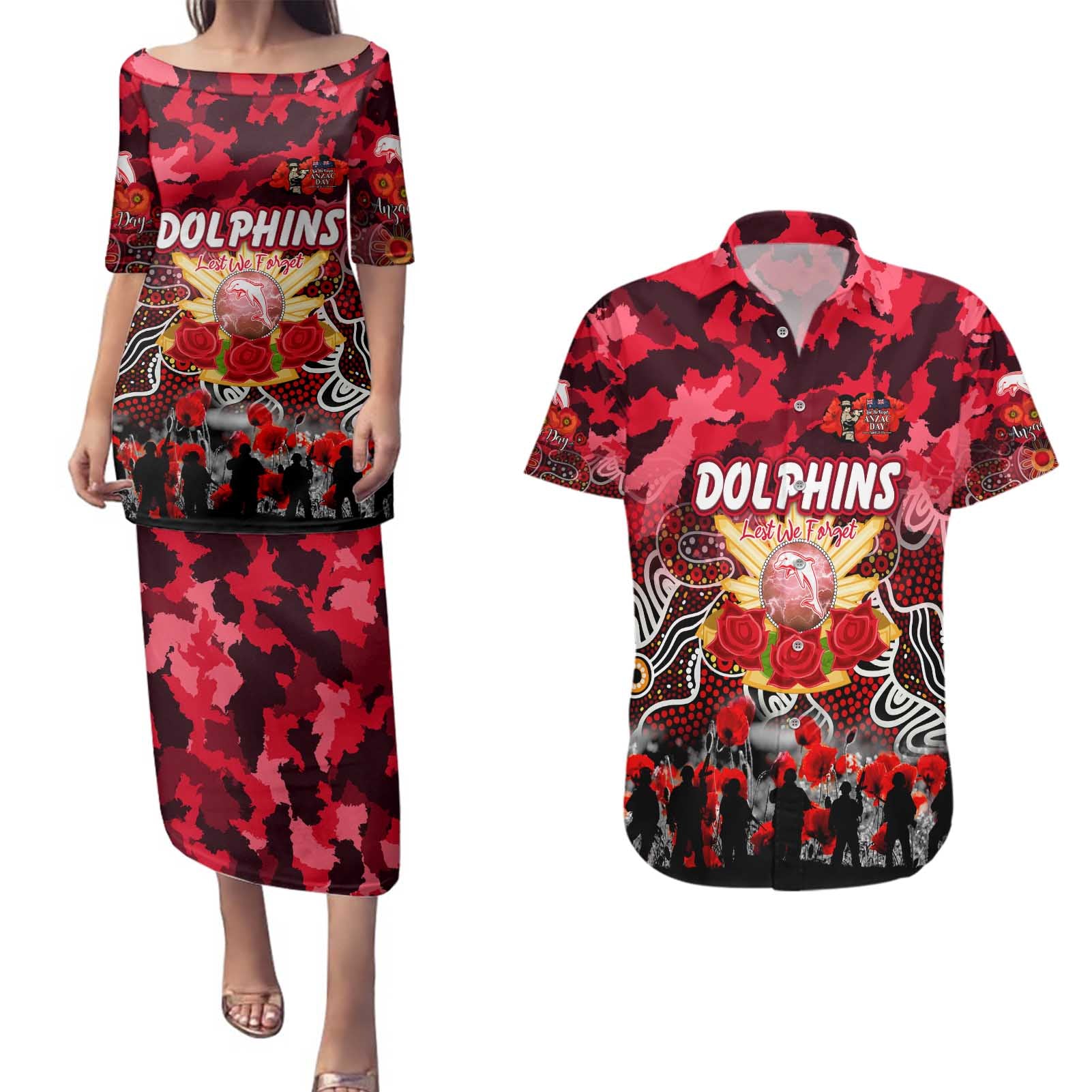 Personalized Dolphins ANZAC Day Couples Matching Puletasi and Hawaiian Shirt Australian Army - Lest We Forget