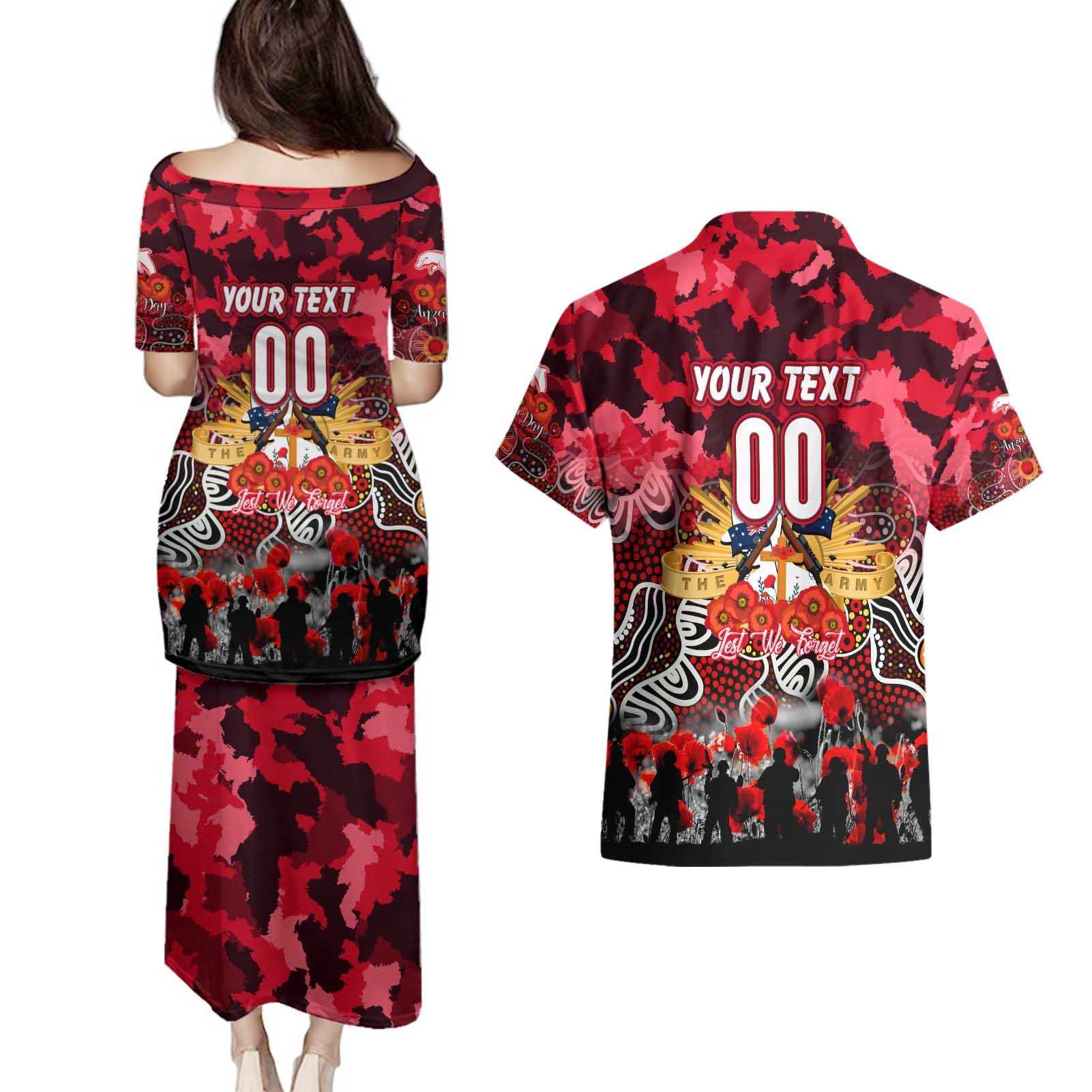 Personalized Dolphins ANZAC Day Couples Matching Puletasi and Hawaiian Shirt Australian Army - Lest We Forget