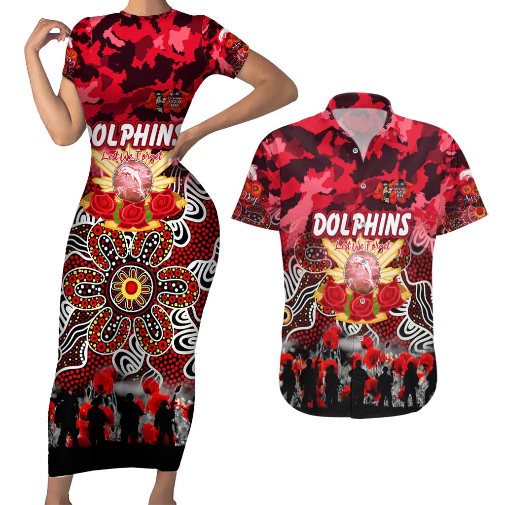Personalized Dolphins ANZAC Day Couples Matching Short Sleeve Bodycon Dress and Hawaiian Shirt Australian Army - Lest We Forget