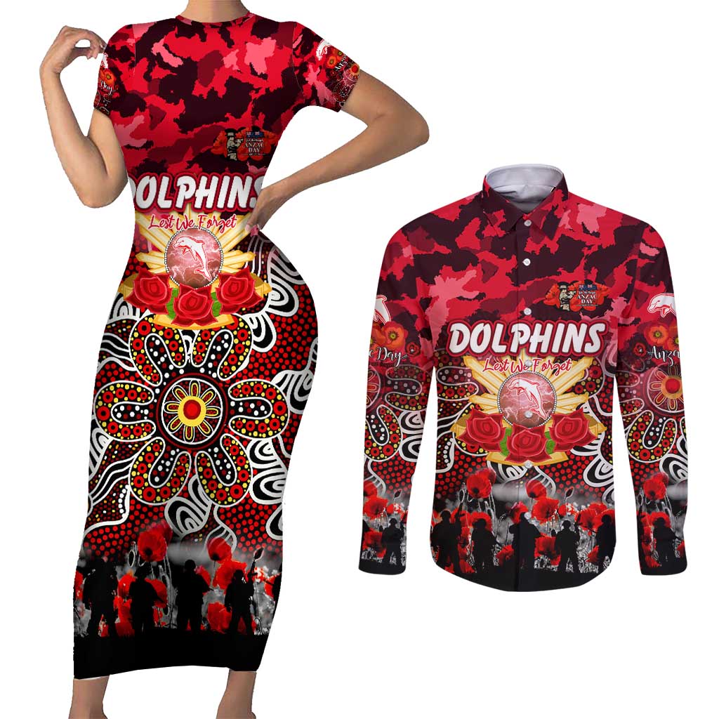 Personalized Dolphins ANZAC Day Couples Matching Short Sleeve Bodycon Dress and Long Sleeve Button Shirt Australian Army - Lest We Forget