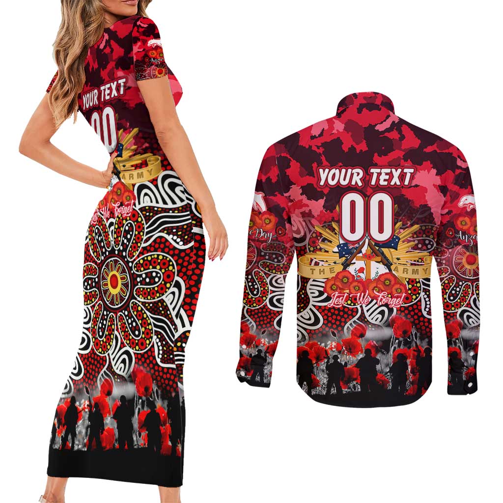Personalized Dolphins ANZAC Day Couples Matching Short Sleeve Bodycon Dress and Long Sleeve Button Shirt Australian Army - Lest We Forget