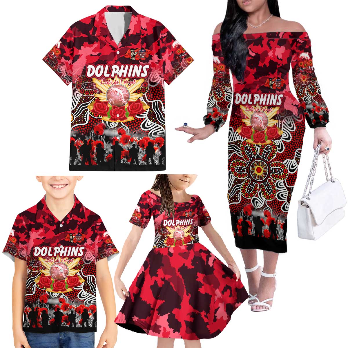 Personalized Dolphins ANZAC Day Family Matching Off The Shoulder Long Sleeve Dress and Hawaiian Shirt Australian Army - Lest We Forget