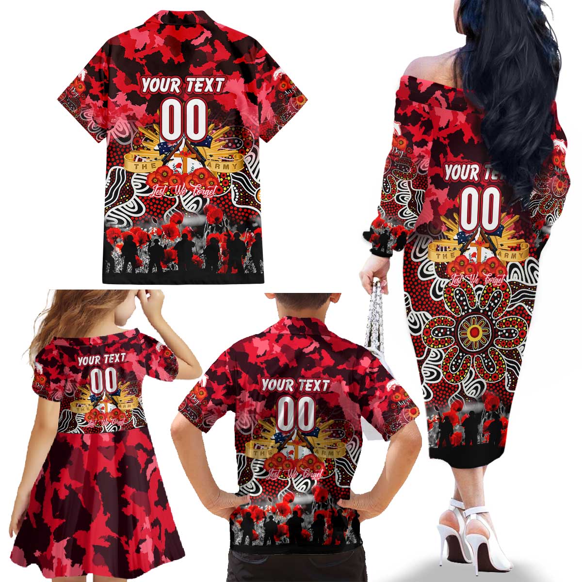 Personalized Dolphins ANZAC Day Family Matching Off The Shoulder Long Sleeve Dress and Hawaiian Shirt Australian Army - Lest We Forget