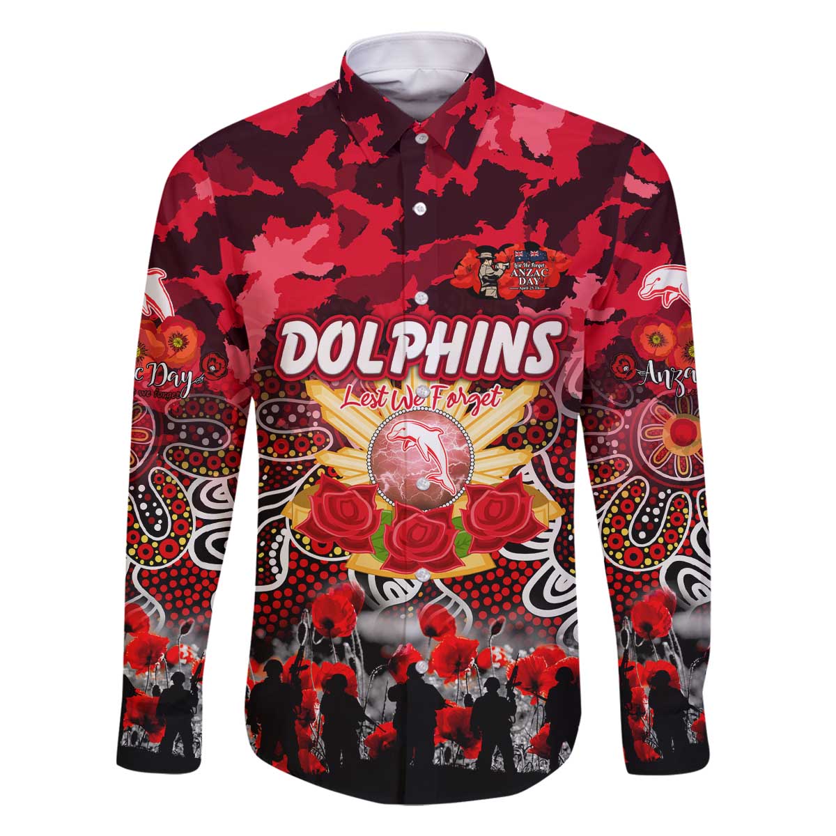 Personalized Dolphins ANZAC Day Family Matching Off The Shoulder Long Sleeve Dress and Hawaiian Shirt Australian Army - Lest We Forget