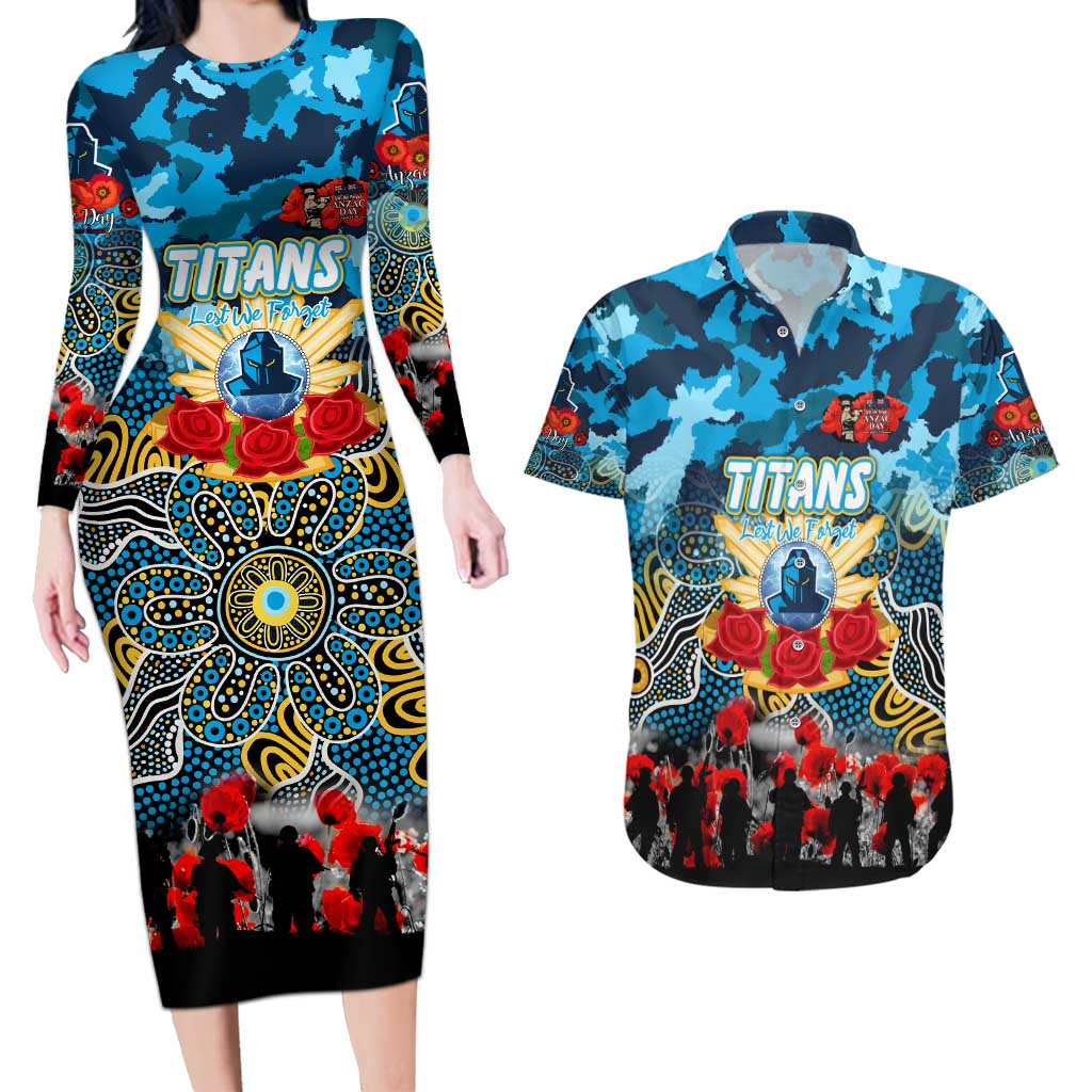 Personalized Titans ANZAC Day Couples Matching Long Sleeve Bodycon Dress and Hawaiian Shirt Australian Army - Lest We Forget
