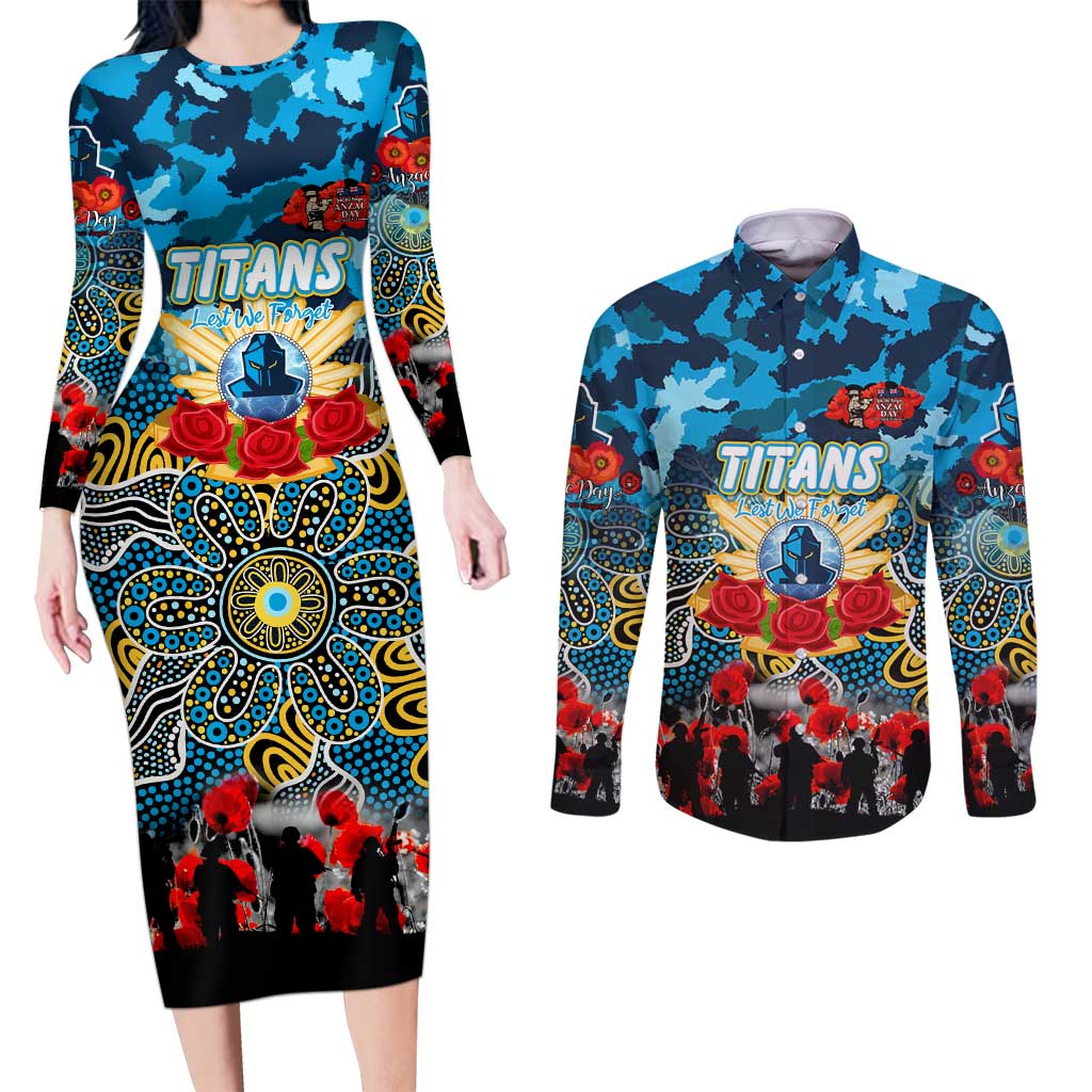 Personalized Titans ANZAC Day Couples Matching Long Sleeve Bodycon Dress and Long Sleeve Button Shirt Australian Army - Lest We Forget