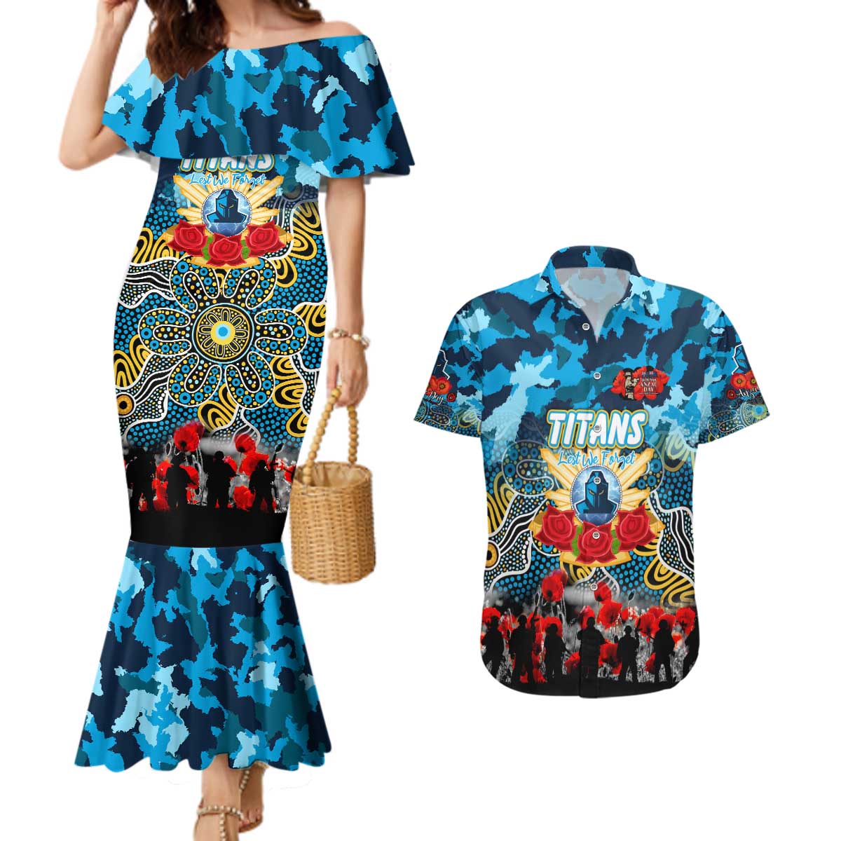 Personalized Titans ANZAC Day Couples Matching Mermaid Dress and Hawaiian Shirt Australian Army - Lest We Forget