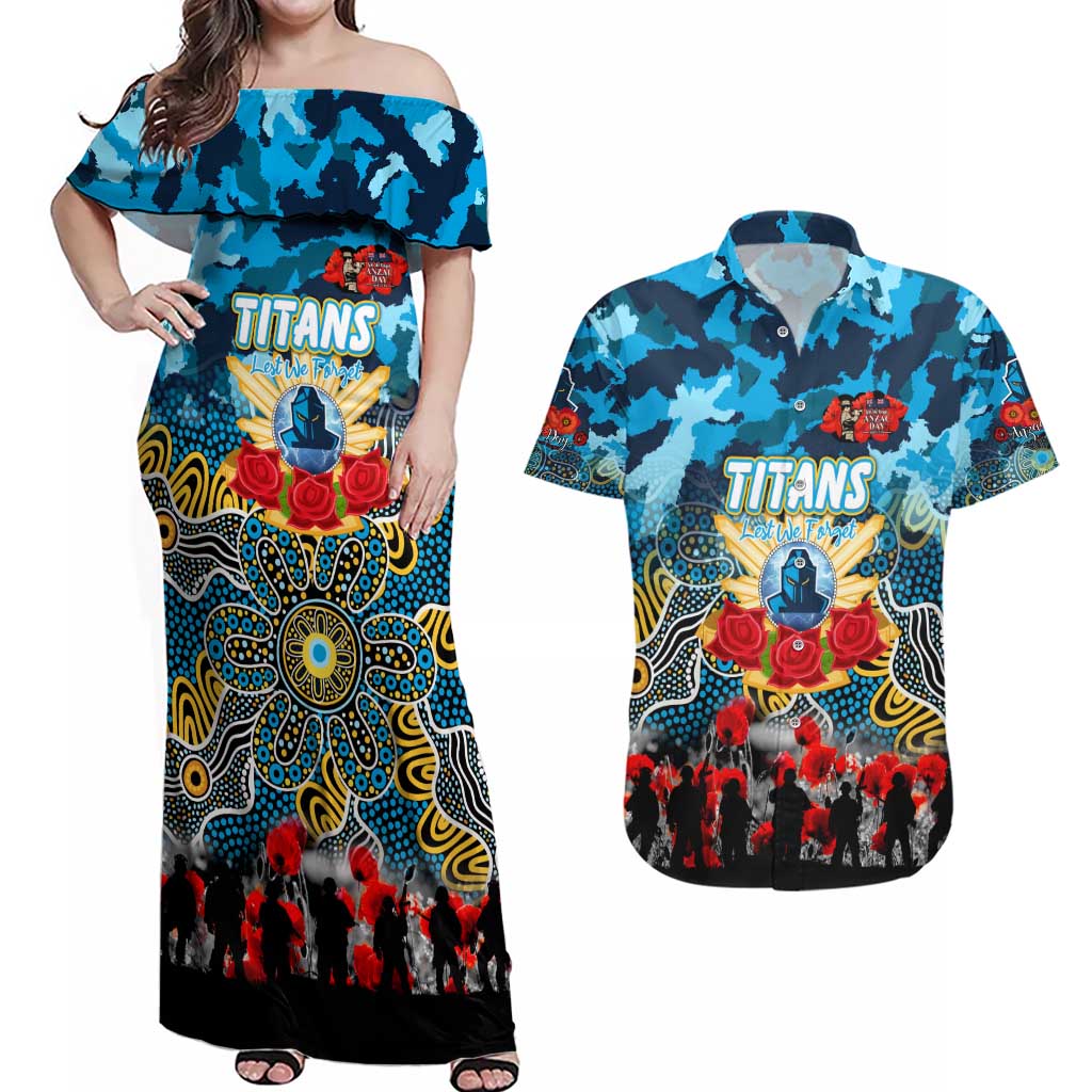 Personalized Titans ANZAC Day Couples Matching Off Shoulder Maxi Dress and Hawaiian Shirt Australian Army - Lest We Forget