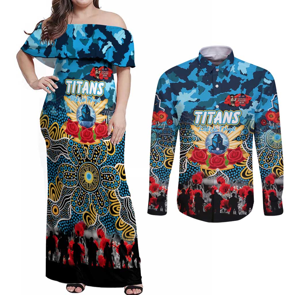 Personalized Titans ANZAC Day Couples Matching Off Shoulder Maxi Dress and Long Sleeve Button Shirt Australian Army - Lest We Forget