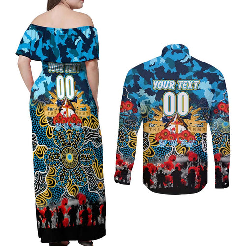Personalized Titans ANZAC Day Couples Matching Off Shoulder Maxi Dress and Long Sleeve Button Shirt Australian Army - Lest We Forget