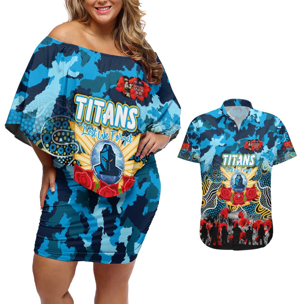 Personalized Titans ANZAC Day Couples Matching Off Shoulder Short Dress and Hawaiian Shirt Australian Army - Lest We Forget