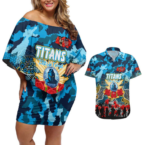 Personalized Titans ANZAC Day Couples Matching Off Shoulder Short Dress and Hawaiian Shirt Australian Army - Lest We Forget