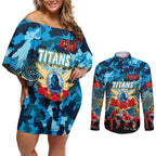 Personalized Titans ANZAC Day Couples Matching Off Shoulder Short Dress and Long Sleeve Button Shirt Australian Army - Lest We Forget