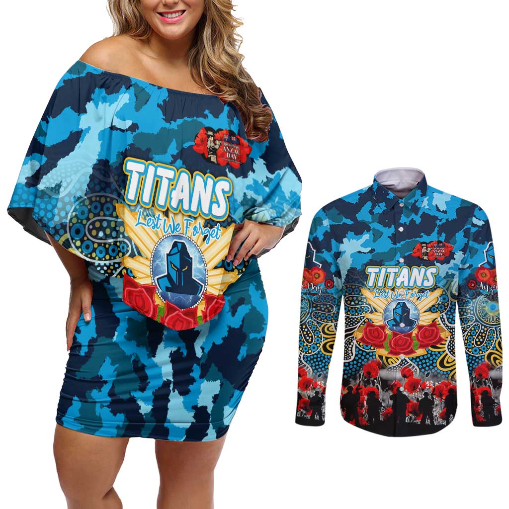 Personalized Titans ANZAC Day Couples Matching Off Shoulder Short Dress and Long Sleeve Button Shirt Australian Army - Lest We Forget