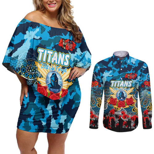 Personalized Titans ANZAC Day Couples Matching Off Shoulder Short Dress and Long Sleeve Button Shirt Australian Army - Lest We Forget