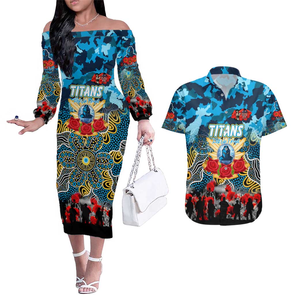 Personalized Titans ANZAC Day Couples Matching Off The Shoulder Long Sleeve Dress and Hawaiian Shirt Australian Army - Lest We Forget
