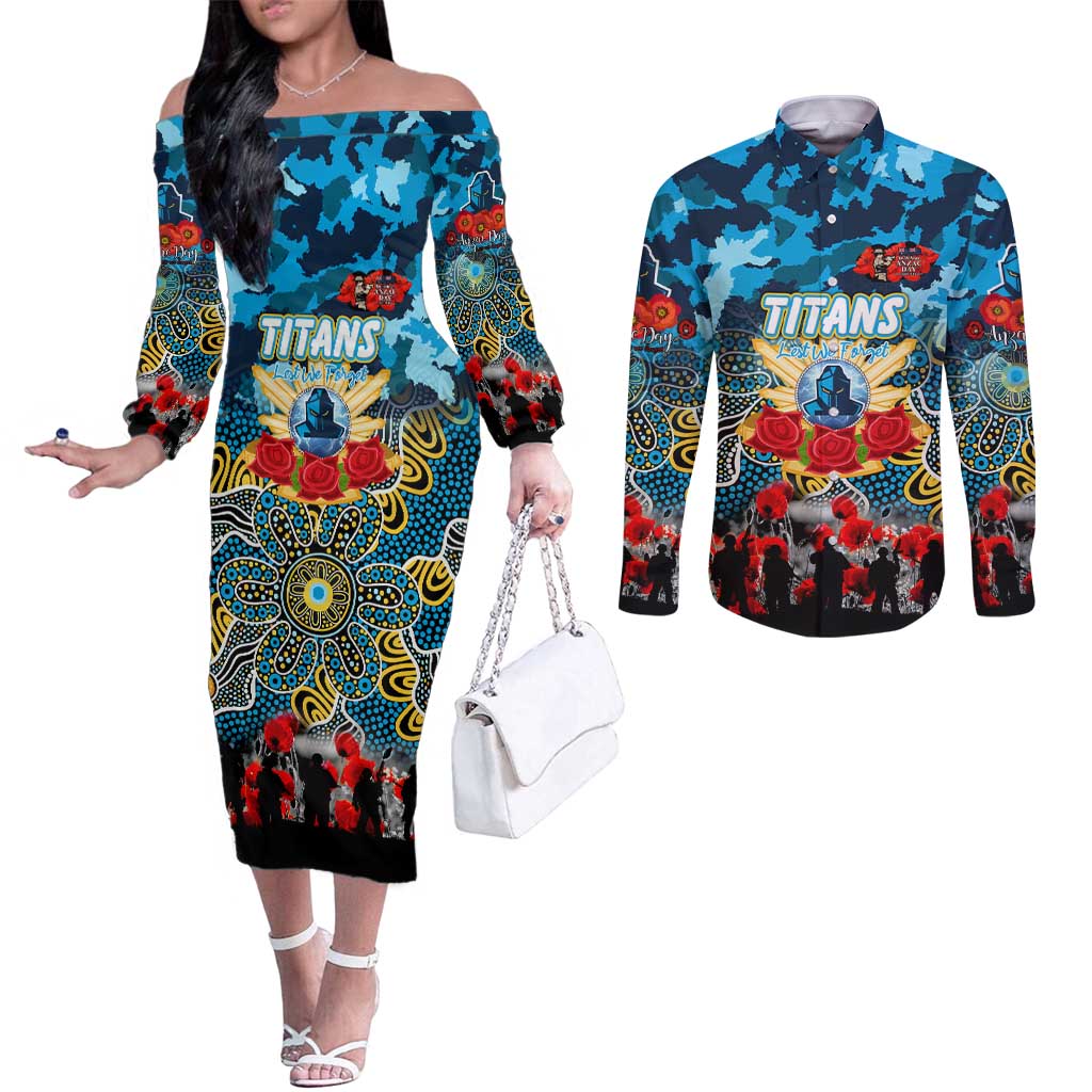 Personalized Titans ANZAC Day Couples Matching Off The Shoulder Long Sleeve Dress and Long Sleeve Button Shirt Australian Army - Lest We Forget
