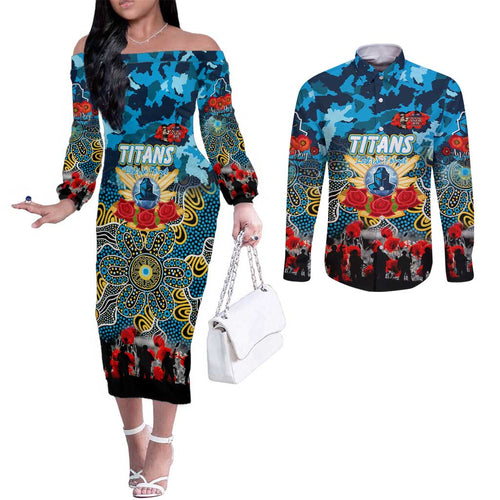 Personalized Titans ANZAC Day Couples Matching Off The Shoulder Long Sleeve Dress and Long Sleeve Button Shirt Australian Army - Lest We Forget